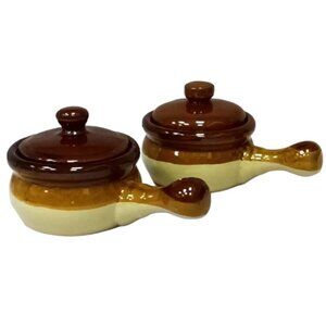 Vintage Tri-Tone Stoneware Lidded French Onion Soup Pots & Handle Set of 2‎